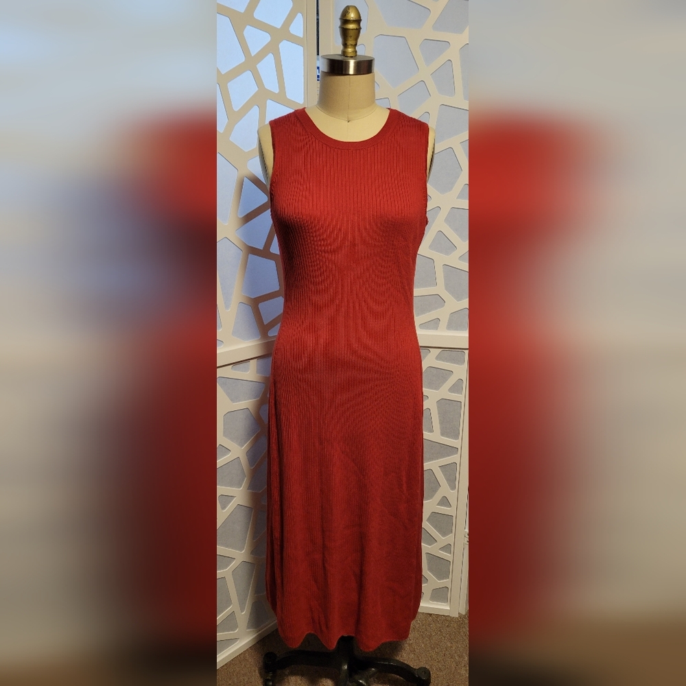 Uniqlo Brick Red Sheath Cotton Blend Knit Sleeveless Midi Dress